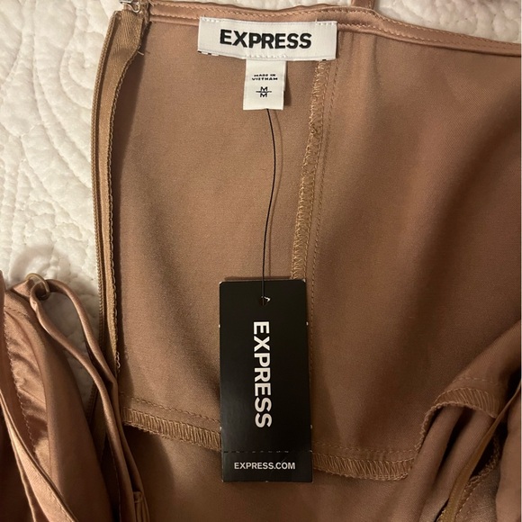 NWT Express Satin Wrap Fit and Flare Dress - Size Medium, Bronze/Gold - Picture 9 of 9